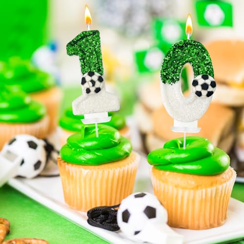 Soccer Ball Number 10 Birthday Candle - Green & White Cake Decoration