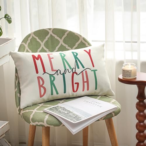 Merry Bright Christmas Pillow Cover 12x20 Holiday Decorative Throw Pillowcase