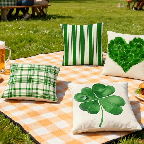St Patrick's Day Pillow Covers Pack of 4 - Green Heart & Stripes 18x18