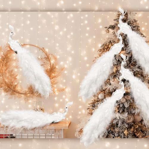 4 Pcs Peacock Christmas Tree Ornaments - Long Tail Feather Glitter Bird Decorations - Simple Style