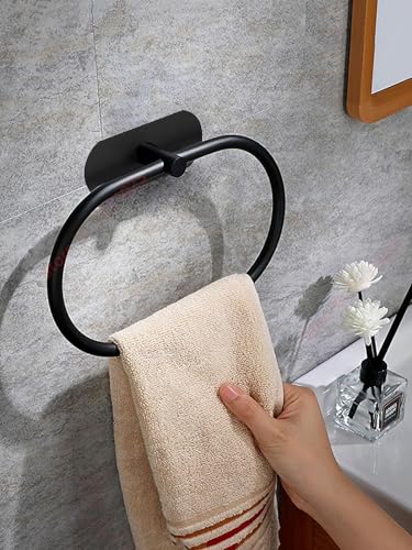 DEKMILE Matte Black Hand Towel Ring - Adhesive Wall Mounted Towel Holder