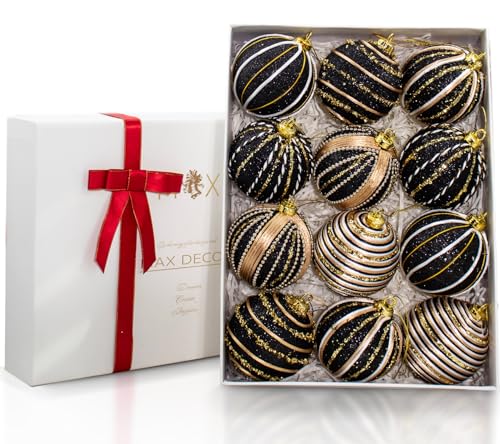 Black and Gold Christmas Ornament Set - 12 Shatterproof Holiday Decorations