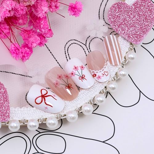 Short Almond French Tip Press On Nails with Heart and Bow Designs, 24Pcs