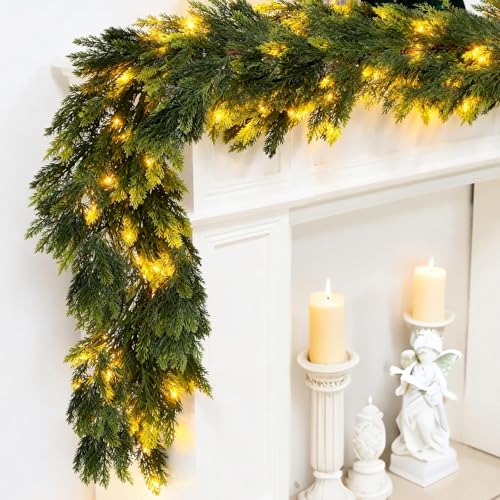 9FT Christmas Garland with Lights Real Touch Cedar Artificial Decor