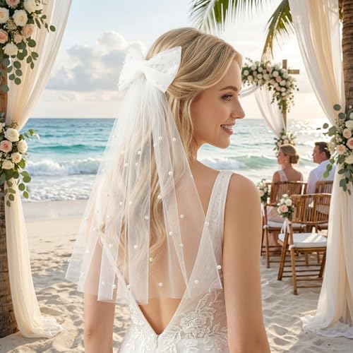 Bridal Tulle Pearl Bow Hair Clip White Veil for Bachelorette Party