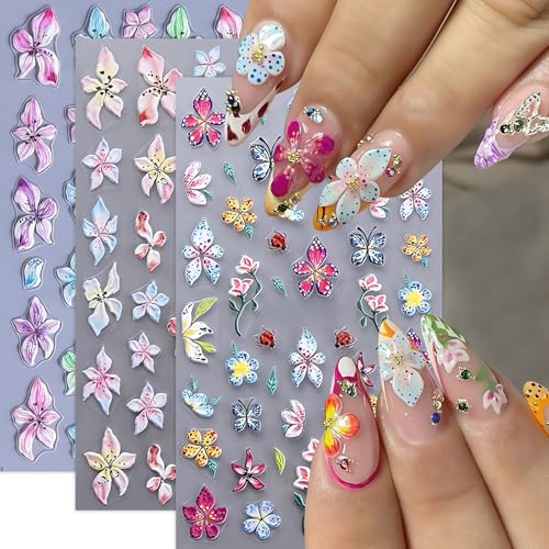 Quezadyl 3Pcs 5D Embossed Flower Nail Stickers Tropical Floral Decals