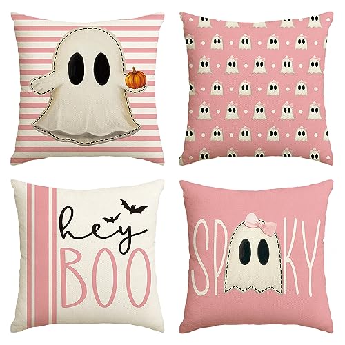 AVOIN colorlife Halloween Pink Ghost Throw Pillow Covers 18x18 Inches Set of 4