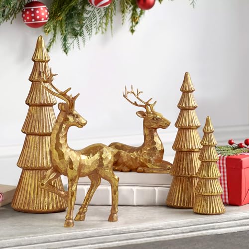 Reindeer Christmas Decoration and Mini Trees Set - Rose Gold Holiday Tabletop Decor