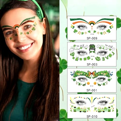 St. Patrick's Day Temporary Tattoos - 10 Sheets Waterproof Shamrock Face Stickers