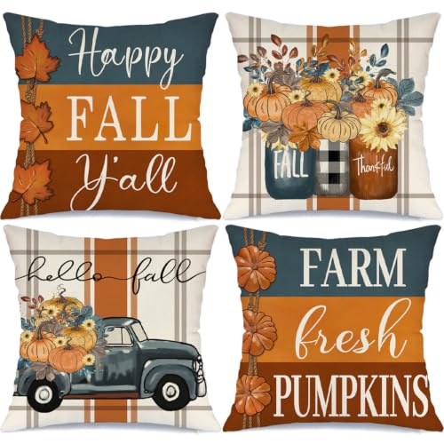 Fall Throw Pillow Covers 18x18, Set of 4 Autumn Pumpkin Harvest Cushion Cases