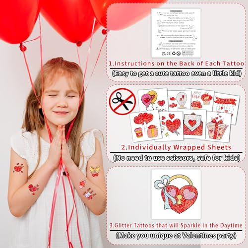 Partywind Glitter Valentine's Day Temporary Tattoos for Kids, 204 Sheets