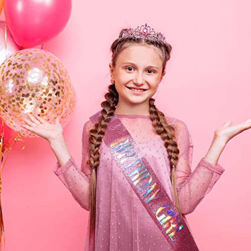 COCIDE Birthday Girl Pink Sash and Crystal Rhinestone Tiara Set