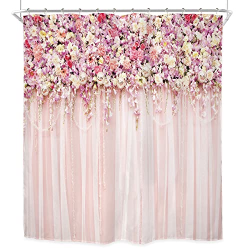 Riyidecor Pink Floral Shower Curtain 72"x72" with Hooks - Bridal Decor