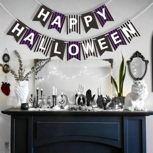 Happy Halloween Banner - Purple & Black Stripes Party Decor