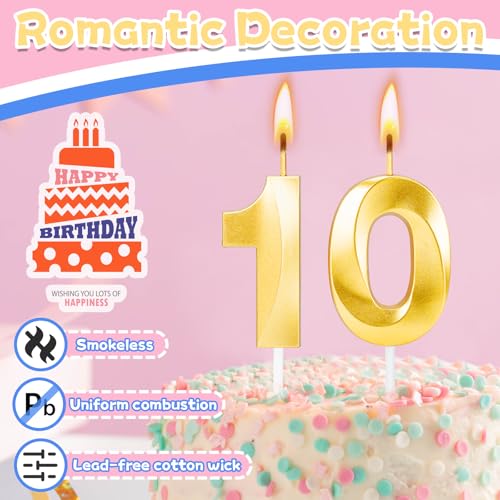 Gold Number 10 Birthday Candles - 10th Cake Topper Set