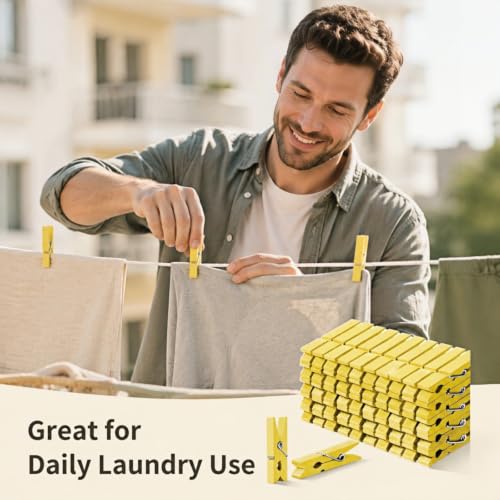 Yellow Mini Wooden Clothespins 1.4 Inch 50 Pack - Rustic Craft Photo Clips with Spring