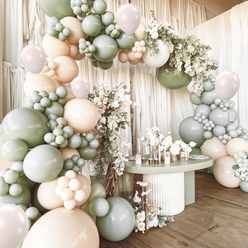 FEYG 12 Inch Retro Dusty Green & Beige Latex Balloons - 30 Pack