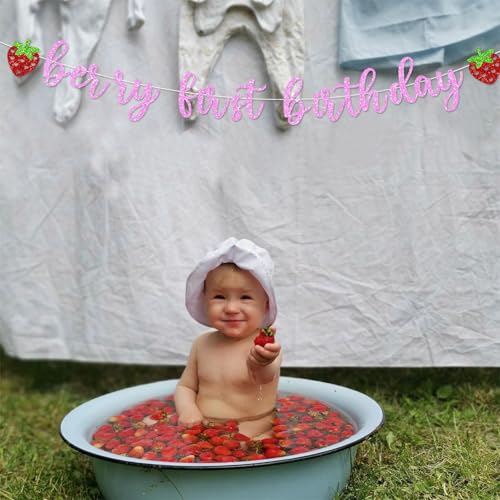 Glitter Strawberry First Birthday Banner - Sweet Berry Party Decor