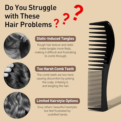 Zoolinn 3-Pack Double-Sided Hair Combs - Wide & Fine Teeth Styling Set