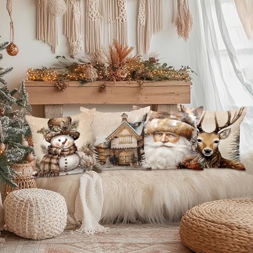 Lanpn 18x18 Christmas Throw Pillow Covers, Set of 4 Festive Cushion Cases
