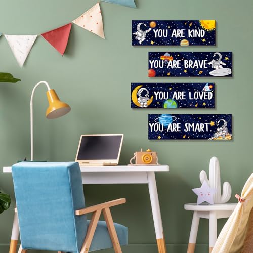 4-Piece Space Bedroom Wall Art Set – Astronaut Solar System Decor for Kids