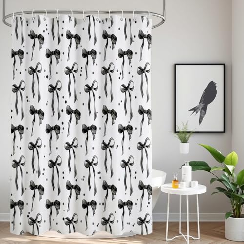 Aurisse Black and White Bow Shower Curtain, 72x72 Inch - Model 26-2