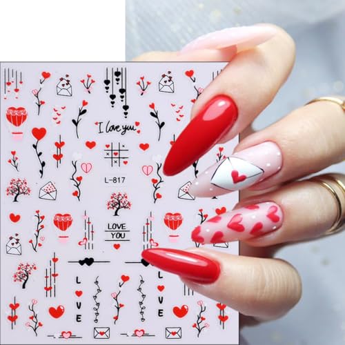 GUAACCB 6 Sheets Valentines Nail Stickers 3D Love Heart Red Lips Bow Decals