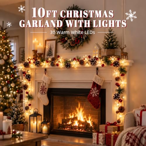 10Ft Christmas Garland with Lights - 30 LED Warm White String, Pinecones & Berries, Battery Operated, 1 Piece - Variation of THIS listing