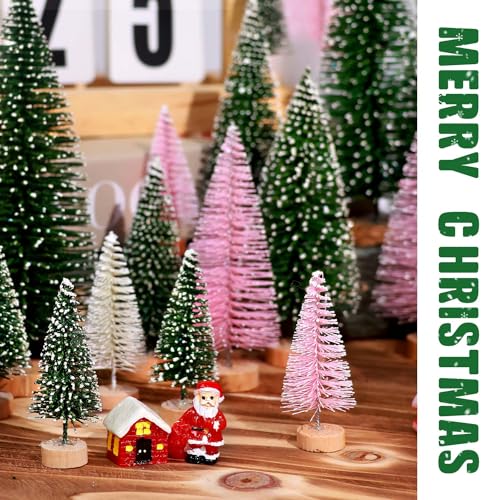 Mini Christmas Tree Set 30pcs Artificial Bottle Brush Trees with Wooden Bases - Colorful Holiday Decor, Pink, Green & Beige