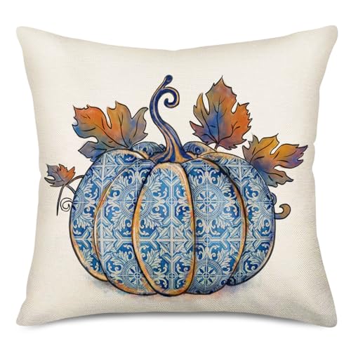 Fukeen Blue Pumpkin & Maple Leaves 16x16 Fall Pillow Cover