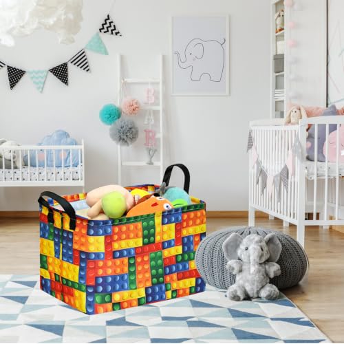 Colorful Building Brick Print Toy Storage Basket - Collapsible Toy Chest