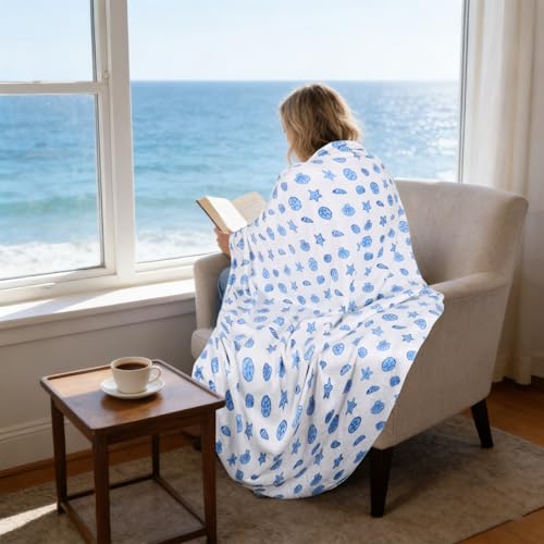 Coastal Ocean Life Flannel Throw Blanket, 50x60 Inch Seashell Beach Decor