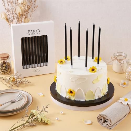 Black Long Thin Birthday Candles 24-Pack Tall Cake Toppers Party Supplies