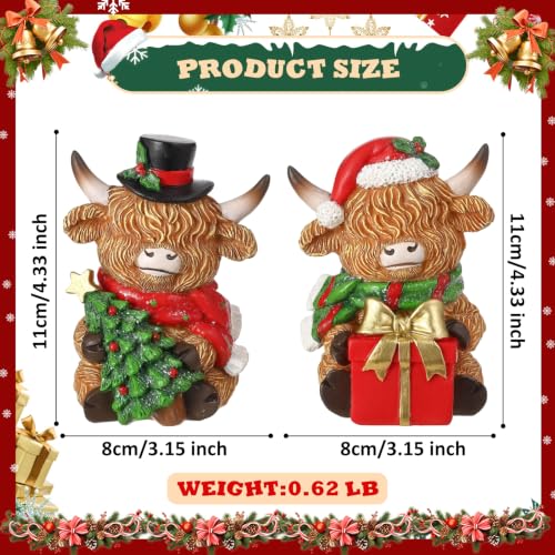 Christmas Highland Cow Figurines Set - Resin Farmhouse Holiday Decorations