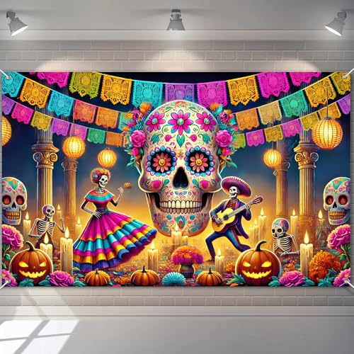 BlissYard Day of the Dead Banner 71x43 Inch Sugar Skull Backdrop