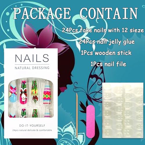 Christmas Press on Nails Medium Square Glossy Winter Snowflake Fake Nails