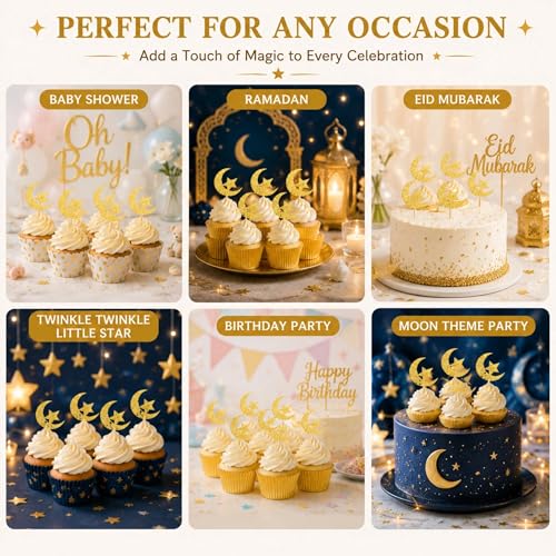 24 Pcs Star Moon Cupcake Toppers - Golden Glitter Decorations