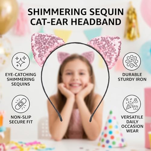 Milltrip Reversible Sequin Cat Ear Headband Pink Kitty Hair Hoop