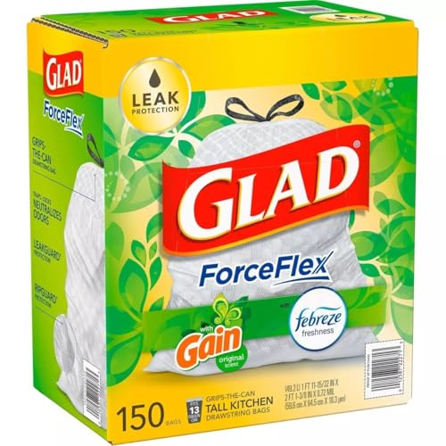 Glad ForceFlex 13 Gallon Drawstring Trash Bags, Gain Scent, 150 Count