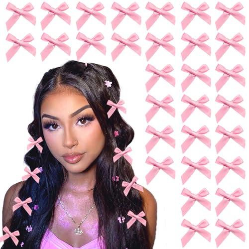 30PCS Pink Satin Bow Hair Clips Mini Bowknot Barrettes for Women Girls
