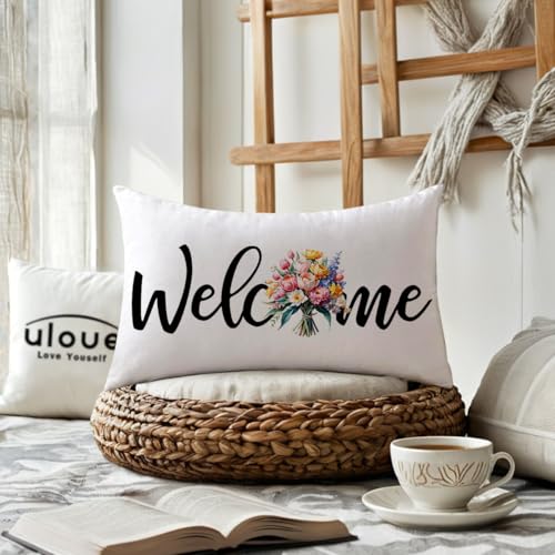 Welcome Floral Lumbar Pillow Cover, 12x20 Inch Watercolor Tulip Cushion Case