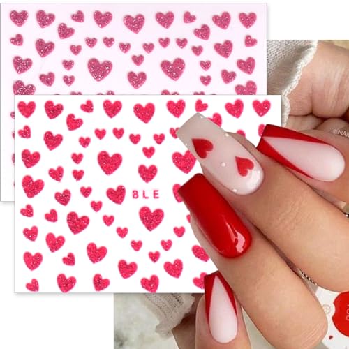 Glitter Heart Nail Stickers 3D Shiny Love Decals for Valentine's Day Manicure