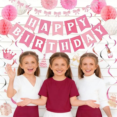 Ouddy Life Pink & White Birthday Decorations Set - Banner & Honeycomb Balls