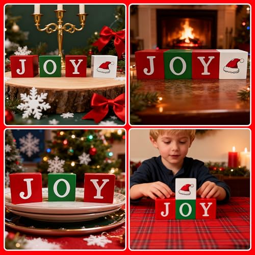 JOY Christmas Table Decorations - 4Pcs Wooden Centerpieces