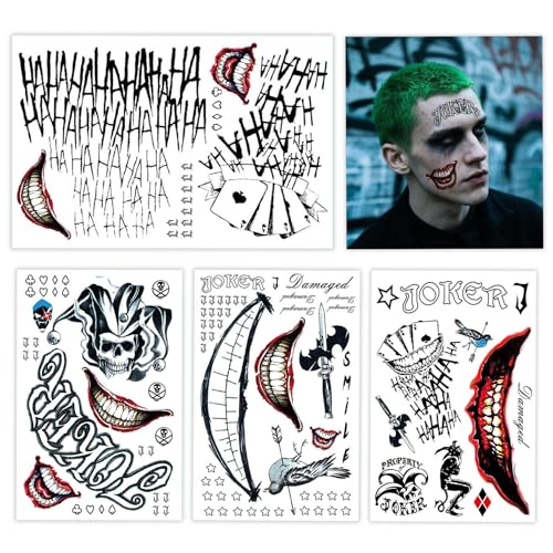 Joker Temporary Tattoos - 4 Sheets Realistic Waterproof Fake Face Tattoos for Halloween Costume Party