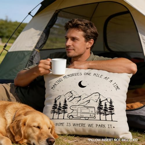 Happy Camper Throw Pillow Cover, 18x18 Vintage Travel Trailer Cushion Case