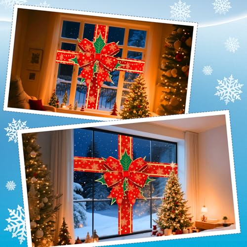 Funrous Christmas Bow Window Clings - Extra Large Red Snowflake Holiday Decor