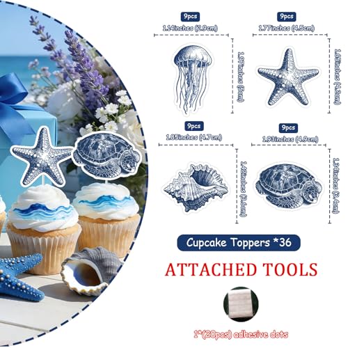 36PCS Ocean Animal Cupcake Toppers - Vintage Blue Whales & Starfish