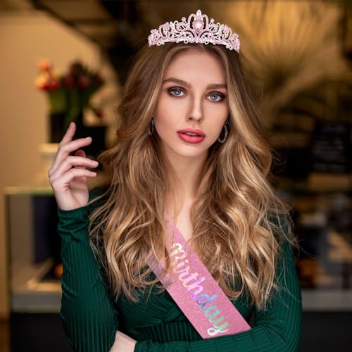 AMCAMI Pink Birthday Crown and Sash Set Rhinestone Tiara for Women