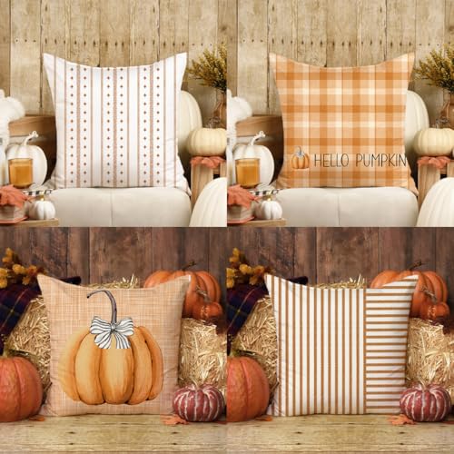 Farmhouse Fall Throw Pillow Covers Set of 4 - 18x18 Inch Pumpkin Design